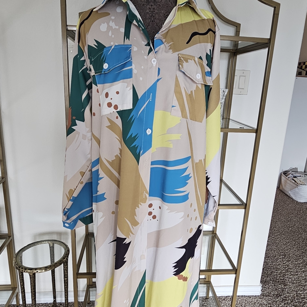 Abstract Print Button-Front Maxi Dress in Teal, Beige & Yellow